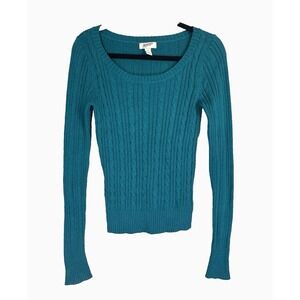VTG Y2K Arizona Womens Medium Teal Scoop Cable Knit Sweater Fisherman Preppy 90s